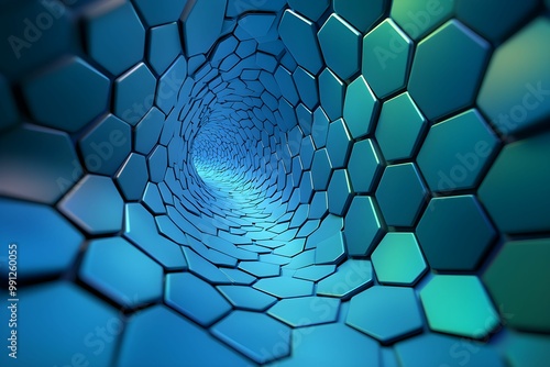 Panel kuchenny z motywem Exploring a blue hexagonal tunnel with a glowing futuristic vibe