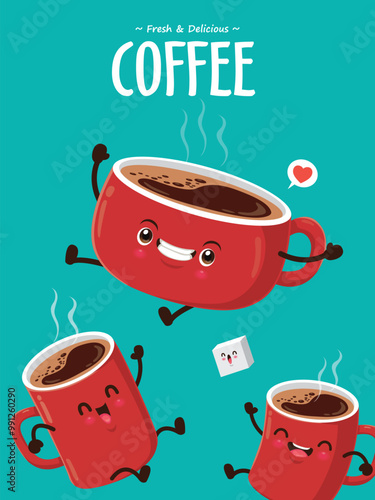 Vintage Coffee poster design with vector coffee character. 