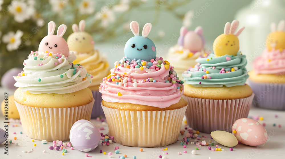 Easter-themed cupcake display with colourful frosting, sprinkles, and decorative Easter toppers Easter-themed cupcake display with colourful frosting, sprinkles, and decorative Easter toppers