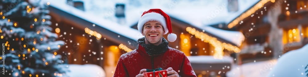 Obraz premium A man wearing a red jacket and a Santa hat is holding a red present. The scene is set in a snowy environment, with a Christmas tree visible in the background. The man is in a festive mood