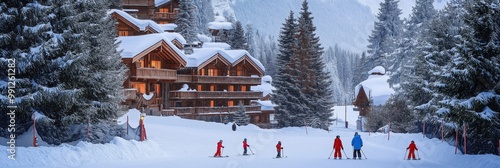 A group of people skiing in the snow, with a lodge in the background. Scene is cheerful and lively, as the skiers are enjoying their time on the slopes photo