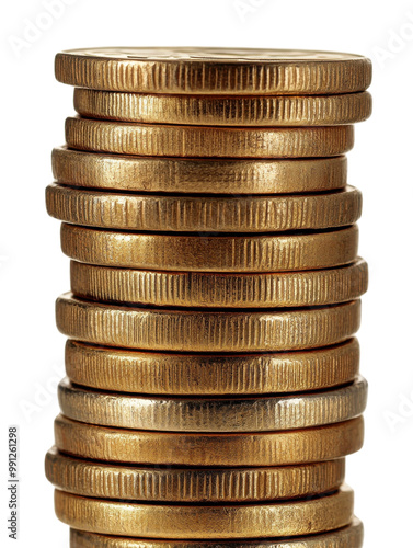 Stack of golden coins, white isolated background