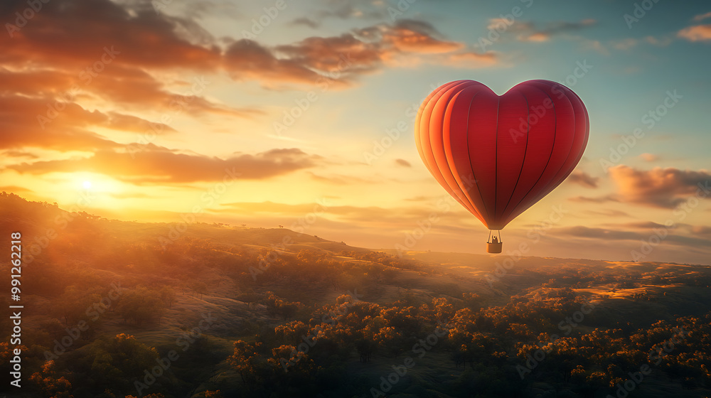 Obraz premium background with a heart-shaped hot air balloon floating over a scenic landscape during golden hour
