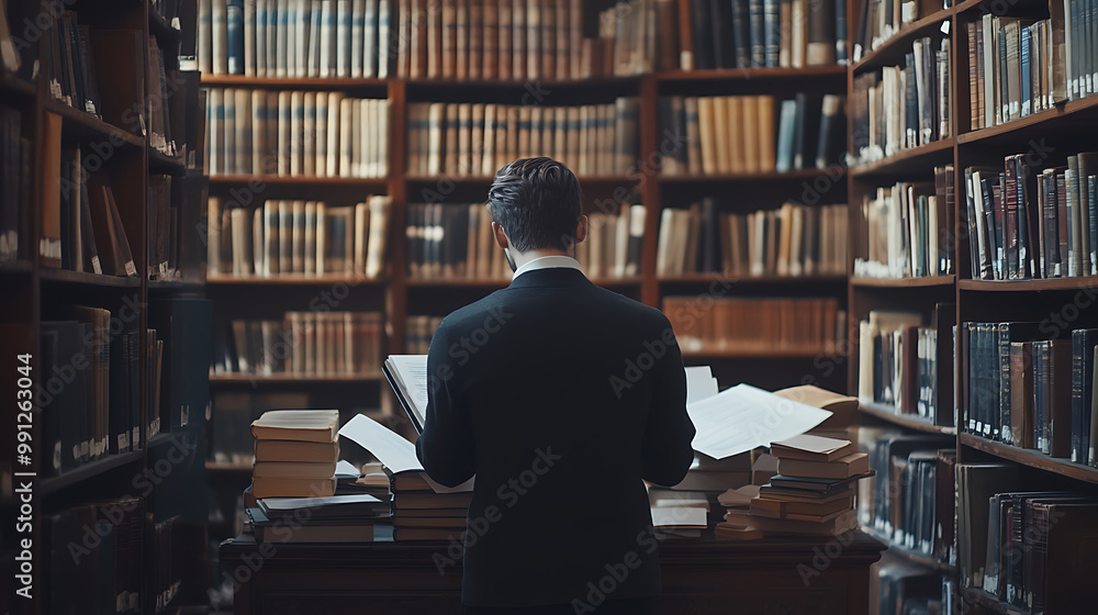 background with a professional in a quiet library setting, working on important documents and research background with a professional in a quiet library setting, working on important documents and research