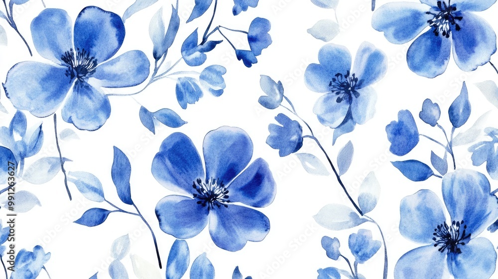 Obraz premium Blue watercolor flower pattern with intricate details on a pure white background, ideal for a light and fresh design