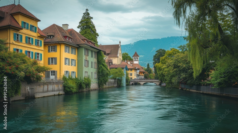 A river flows by buildings, lush trees creating a beautiful scene A river flows by buildings, lush trees creating a beautiful scene