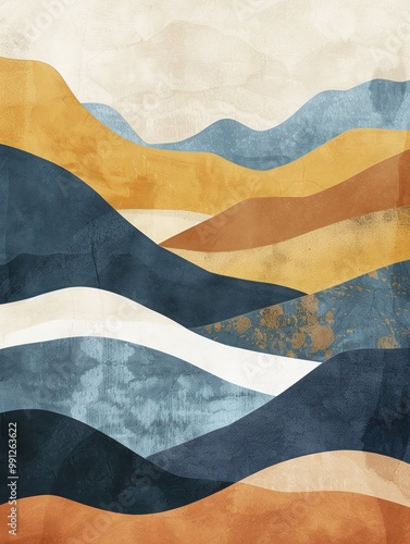 Abstract landscape artwork featuring warm tones of orange, blue, and cream, creating a serene and contemporary aesthetic.