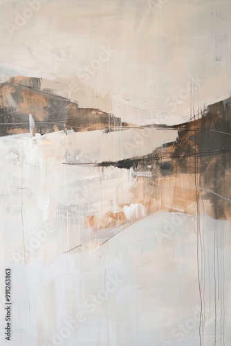 Abstract painting featuring soft earth tones and fluid brush strokes, creating a serene and minimalistic landscape.