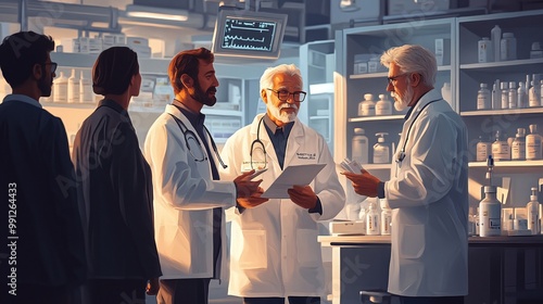 doctors collaborating in a hospital meeting discussing a new pharmaceutical product focused on healthcare innovation drug development and improving treatment options photo