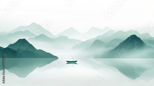 A lone boat drifts by soft green mountains in a minimalist style, large white spaces and light gradients give the scene a peaceful.