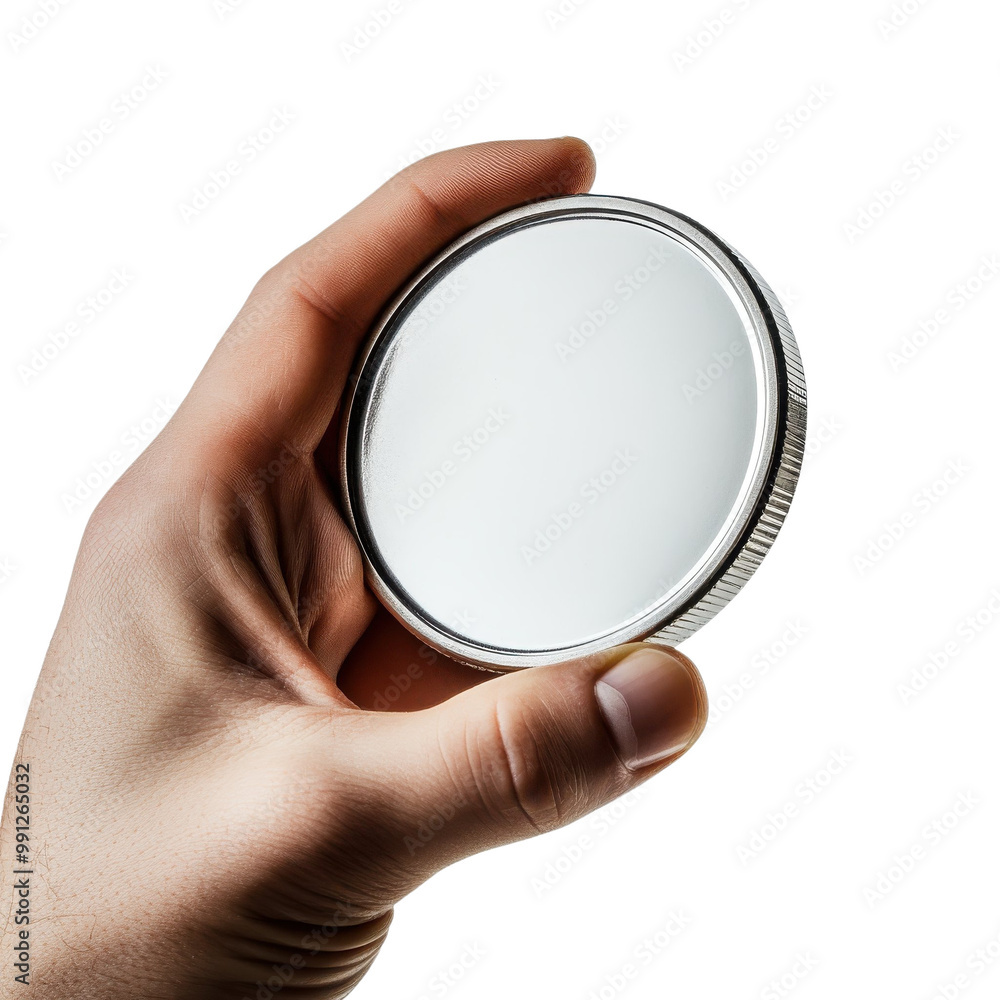 Hand holding a circular mirror, white background Hand holding a circular mirror, white background