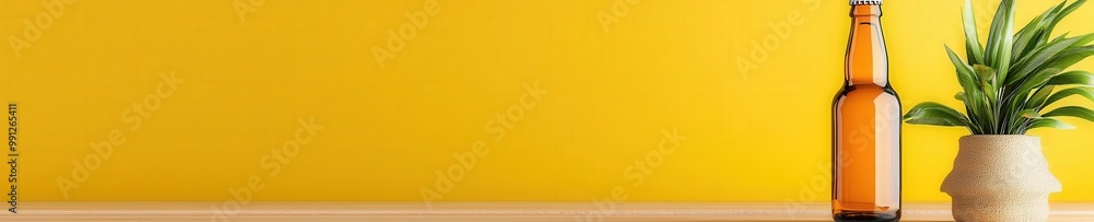 Beer Bottle with Green Plant on Bright Yellow Background Beer Bottle with Green Plant on Bright Yellow Background