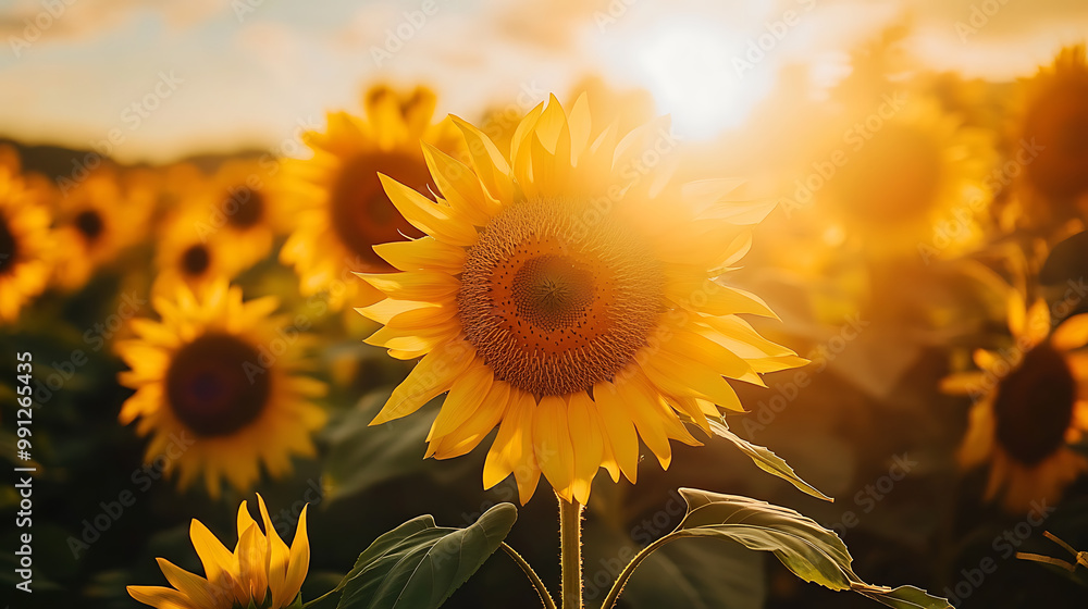 Obraz premium Close-up of sunflowers in full bloom, reaching toward the sun in a summer field