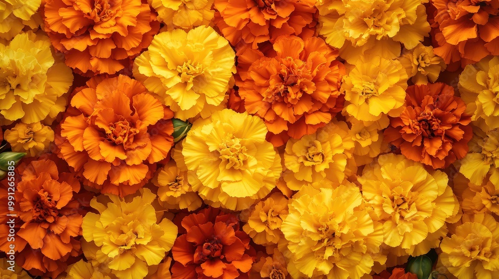 Bright orange and yellow marigold flowers arranged in a patterned background, perfect for a cheerful, floral-themed design Bright orange and yellow marigold flowers arranged in a patterned background, perfect for a cheerful, floral-themed design