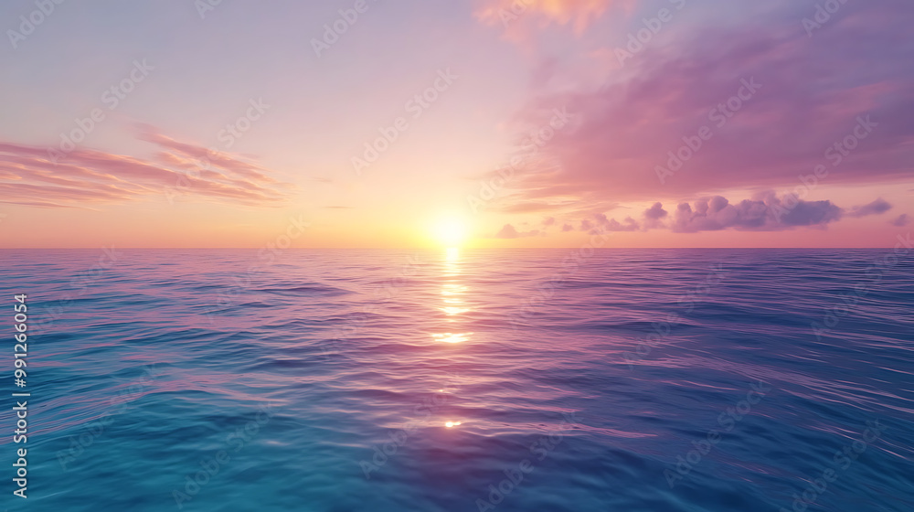 Fototapeta premium A ocean with crystalline waters and an endless horizon, illuminated by a colourful sunset