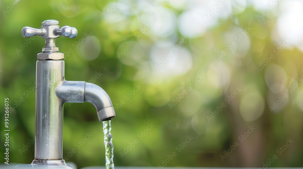 Fresh Water Flowing from Outdoor Faucet, Inviting stream of clear water, vibrant outdoor setting softly blurred, symbolizing refreshment and hydration in nature Fresh Water Flowing from Outdoor Faucet, Inviting stream of clear water, vibrant outdoor setting softly blurred, symbolizing refreshment and hydration in nature