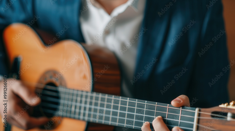 Fototapeta premium Businessman absorbed in music, showcasing artistic passion and creativity, ideal for promotional content highlighting the blend of professionalism and personal interests