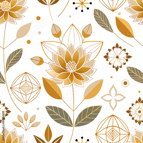 Design a seamless pattern with geometric floral illustrations in gold and white