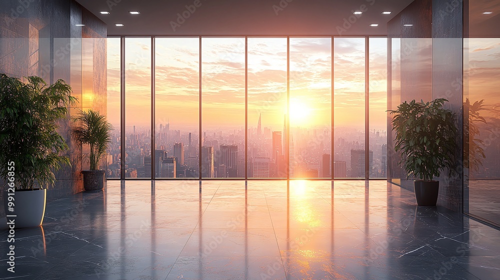 Fototapeta premium sunlit office lobby with cityscape views and modern architecture creating a bright and open corporate environment with natural light and glass walls in an urban setting