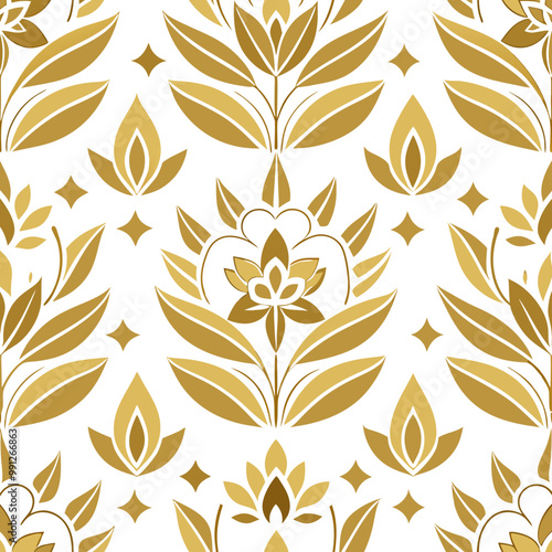 Design a seamless pattern with geometric floral illustrations in gold and white