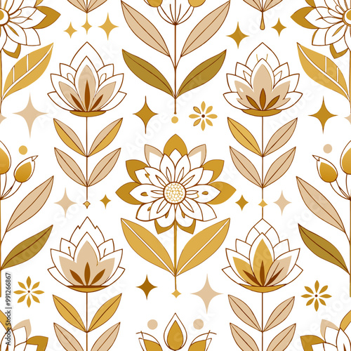Design a seamless pattern with geometric floral illustrations in gold and white