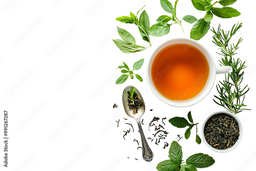 Herbal Tea Cup with Fresh Green Leaves and Loose Tea Ingredients on Transparent Background - Aromatic Tea Ceremony and Wellness Concept Herbal Tea Cup with Fresh Green Leaves and Loose Tea Ingredients on Transparent Background - Aromatic Tea Ceremony and Wellness Concept