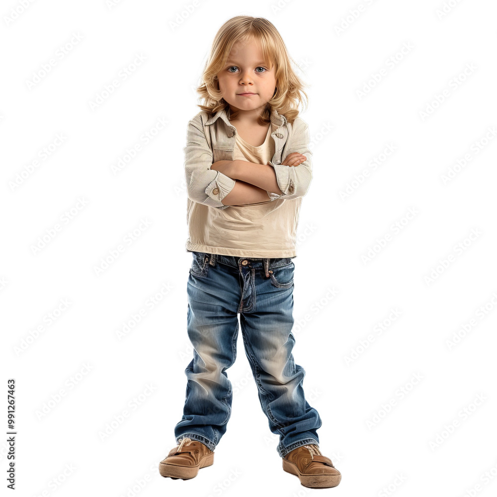 Young boy with long blond hair standing with arms crossed wearing casual clothing Young boy with long blond hair standing with arms crossed wearing casual clothing