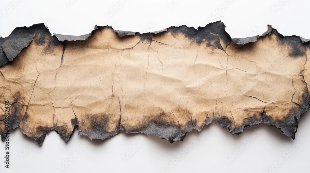 Burnt paper with jagged, blackened edges on a clean white background, isolated for creative or design projects Burnt paper with jagged, blackened edges on a clean white background, isolated for creative or design projects