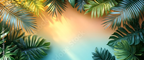 Tropical leaves frame with vibrant colors.