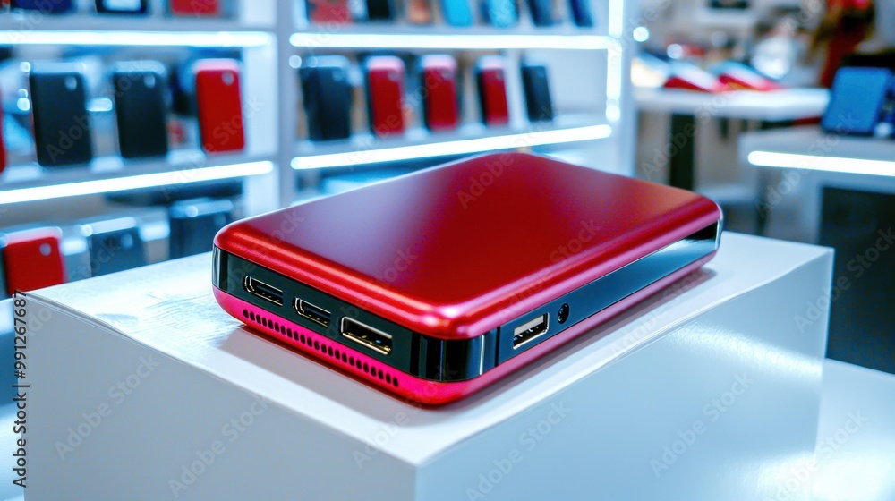 Vibrant Red Portable Device on Display in Store Vibrant Red Portable Device on Display in Store