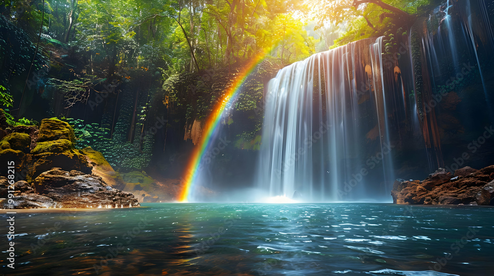 Rainbow Over Waterfall in Lush Forest - Realistic Image Rainbow Over Waterfall in Lush Forest - Realistic Image