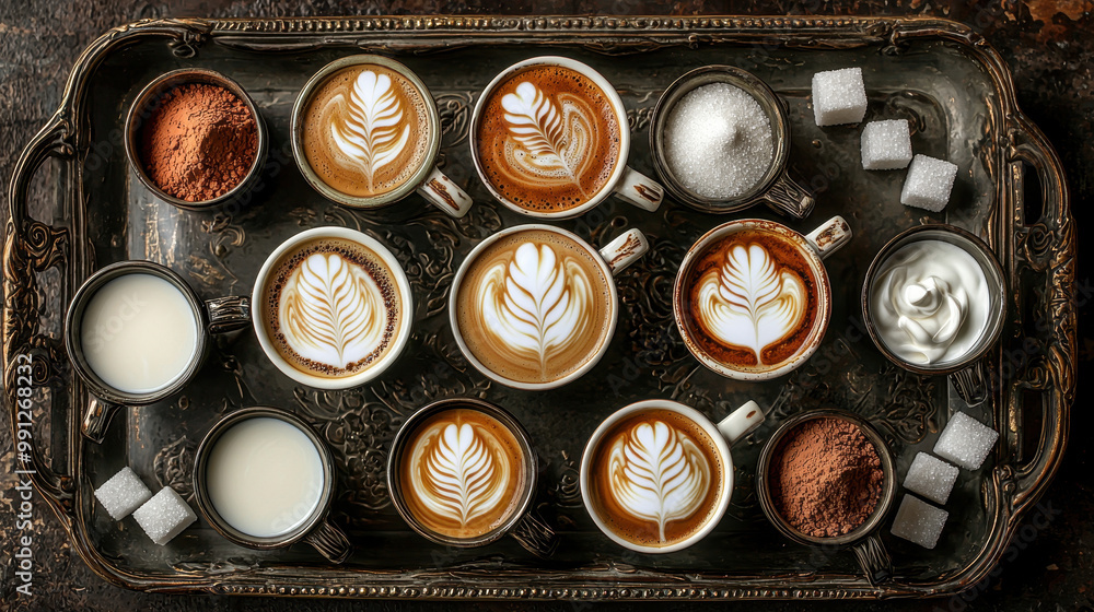Assorted coffee cups with beautiful latte art and ingredients displayed on a vintage silver tray against a rustic background Assorted coffee cups with beautiful latte art and ingredients displayed on a vintage silver tray against a rustic background