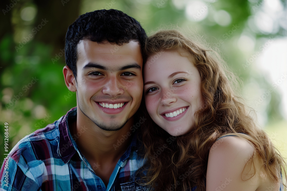 Fototapeta premium Spanish young man with german girlfriend outside, smiling at the camera