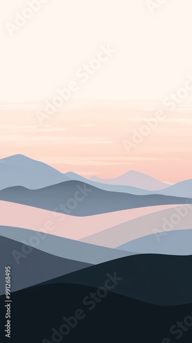 Paysage minimaliste de montagnes au coucher du soleil avec une palette pastel, fond d'écran téléphone