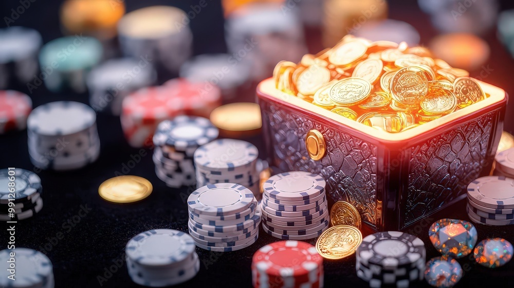 A vibrant display of poker chips and shining coins spilling from a decorative chest, symbolizing fortune and luck in gambling. A vibrant display of poker chips and shining coins spilling from a decorative chest, symbolizing fortune and luck in gambling.