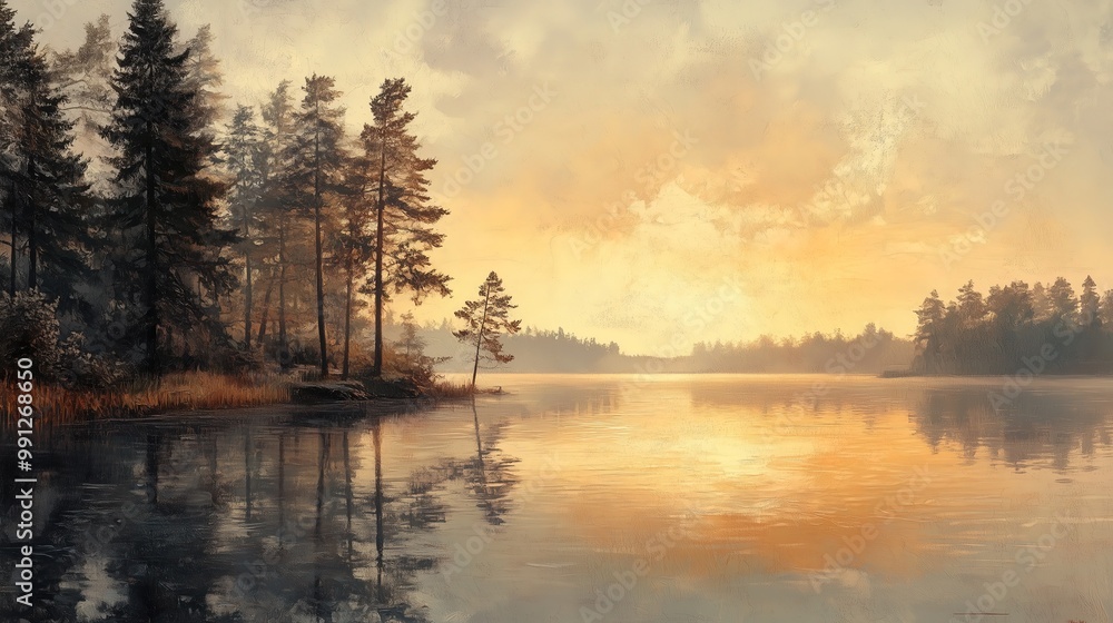 Serene sunset over a calm lake surrounded by tall trees, reflecting the golden hues in the water. Serene sunset over a calm lake surrounded by tall trees, reflecting the golden hues in the water.