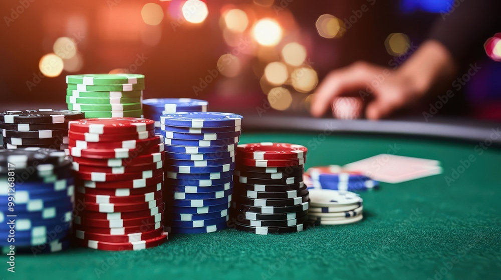 A vibrant display of poker chips stacked neatly on a green felt table, perfect for casino-themed projects or gambling illustrations. A vibrant display of poker chips stacked neatly on a green felt table, perfect for casino-themed projects or gambling illustrations.