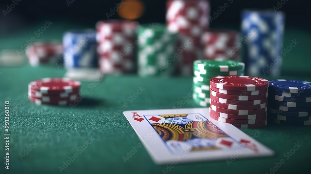 A close-up view of poker chips and a playing card on a green felt surface, perfect for gambling and casino-themed projects. A close-up view of poker chips and a playing card on a green felt surface, perfect for gambling and casino-themed projects.