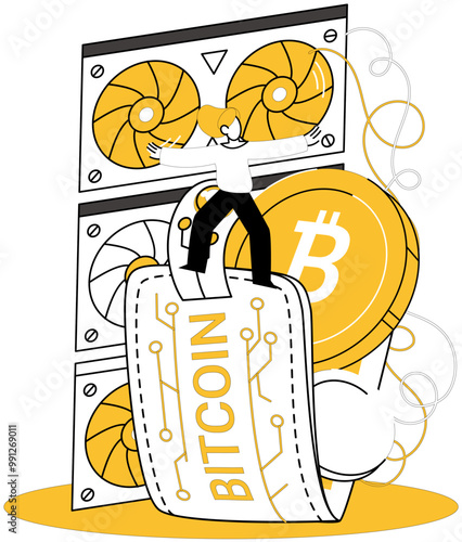 Bitcoin mining vector illustration. Bitcoin mining metaphor, excavation, delves into virtual earth to extract precious digital currency Cryptography, guardian, safeguards integrity and security