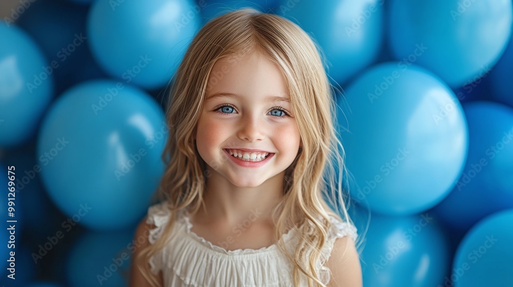 Naklejka premium girl smiles brightly for a birthday photo surrounded by blue balloons at a lively party capturing the joy and happiness of the special celebration with friends and family