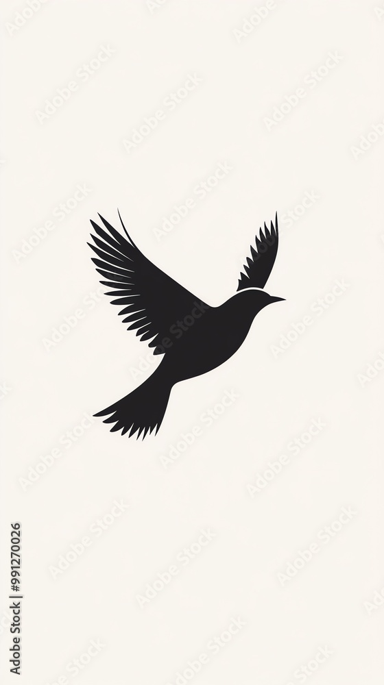 Obraz premium Silhouette élégante noire d'un oiseau en vol sur fond beige, ressource graphique, fond d'écran smartphone