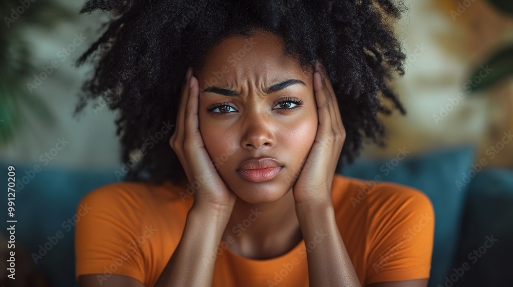 young african american woman experiencing a headache while sitting on the sofa suffering from pain and fatigue as she rests and tries to recover from the discomfort young african american woman experiencing a headache while sitting on the sofa suffering from pain and fatigue as she rests and tries to recover from the discomfort