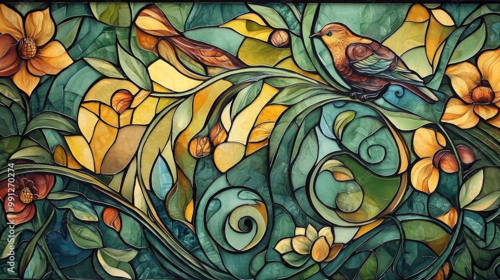 A dynamic Art Nouveau mural depicting flowing vines, birds, and flowers in a harmonious blend A dynamic Art Nouveau mural depicting flowing vines, birds, and flowers in a harmonious blend