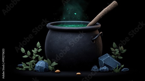 A mystical cauldron bubbling with green potion, surrounded by stones and leaves. photo