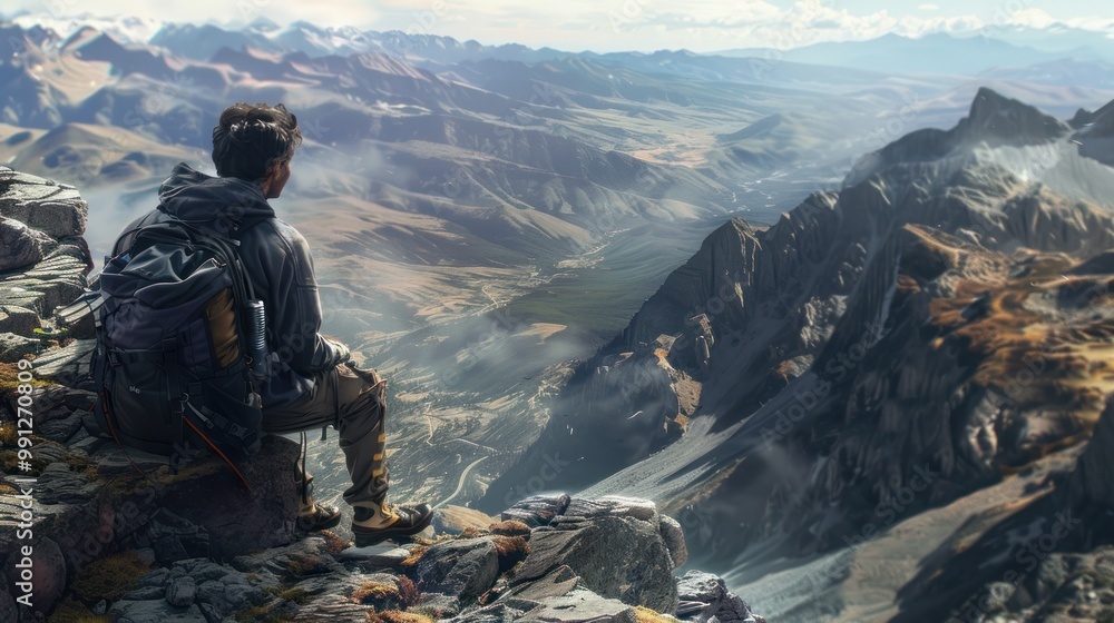 Hiker Admiring Majestic Mountain Range Hiker Admiring Majestic Mountain Range
