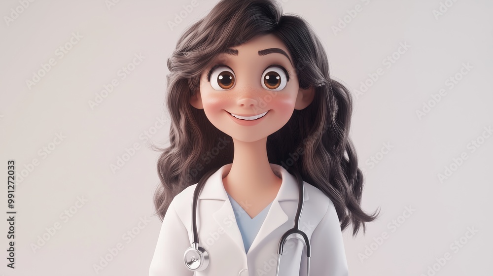 Cheerful young female doctor stands confidently in a white coat, smiling warmly while wearing a stethoscope in a bright, clean setting Cheerful young female doctor stands confidently in a white coat, smiling warmly while wearing a stethoscope in a bright, clean setting
