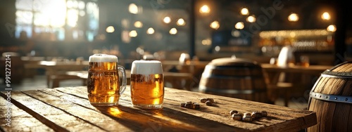 Cozy Pub Interior with Beer Mugs on a Wooden Table