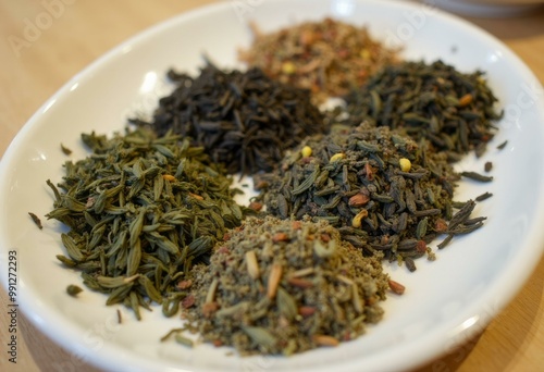 White Plate with Assorted Tea Leaves on a Wooden Table