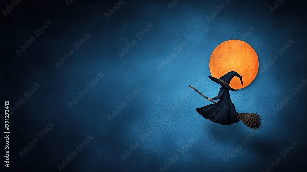 A witch flying on a broomstick against a full orange moon, night sky backdrop. A witch flying on a broomstick against a full orange moon, night sky backdrop.
