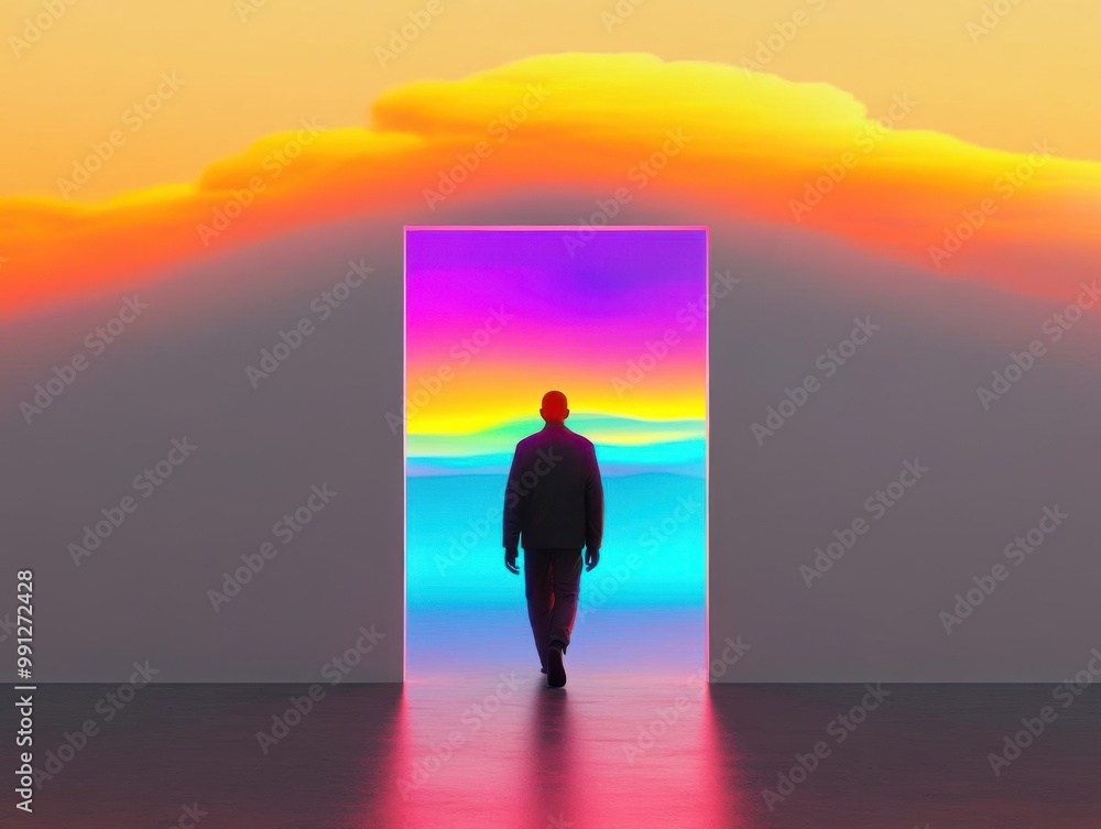 An abstract figure walking through a door into a glowing world of vibrant colors, symbolizing a passage to imagination, no blur, photo not dark, everything is clear, copy space An abstract figure walking through a door into a glowing world of vibrant colors, symbolizing a passage to imagination, no blur, photo not dark, everything is clear, copy space